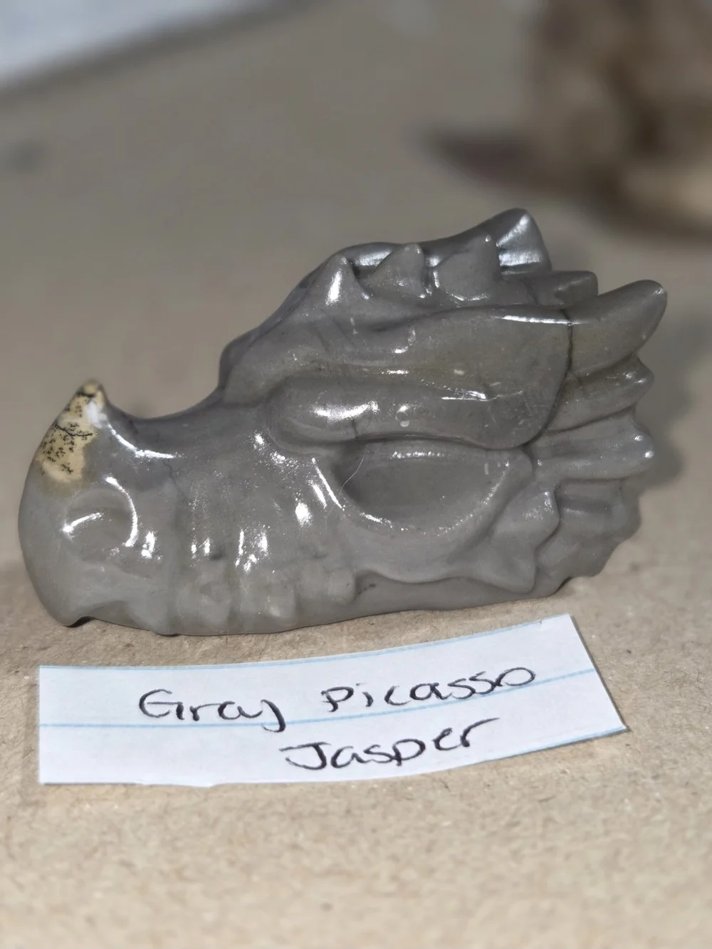 Detailed Picasso Jasper Crystal Carved Dragon Head Stone Sculpture Decor